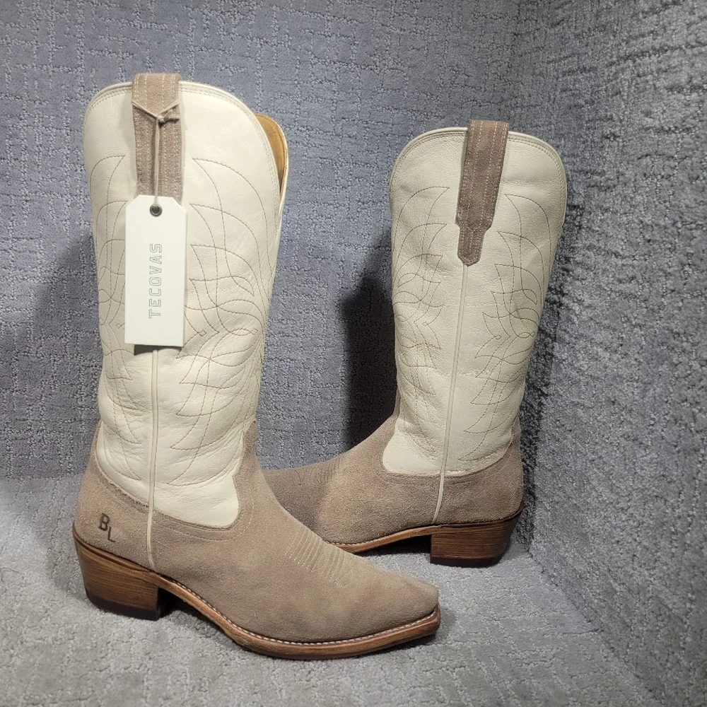 Tecovas Cream and Taupe Suede Western Rain Boots